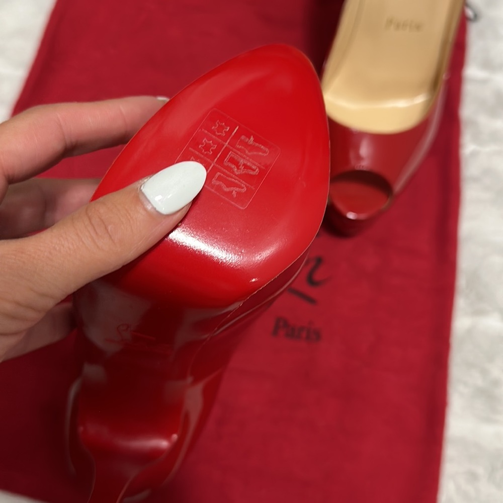 Christian Louboutin Glossy Red Peep-Toe Heels - Picture 7 of 7